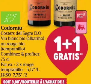 Codorníu Costers del Segre D.O. White organic wine (albariño) or red organic wine (tempranillo)