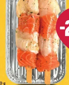Cod and marinated salmon skewers